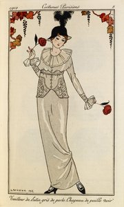 Tailleur de Satin gris de perle. Chapeau de paille noir. Costumes Parisiens no.8 - Georges Barbier