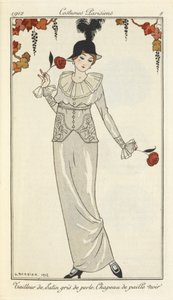 Tailleur de satin gris perle, chapeau de paille noir - Georges Barbier