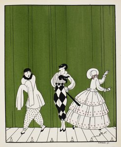 Trois personnages du ballet de 1910, Carnaval, composé par Robert Schumann. À gauche, un artiste mime. Au milieu, un homme vêtu d