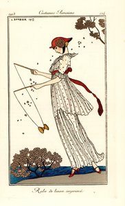 Femme en robe de lin imprimé jouant au diabolo - Georges Barbier