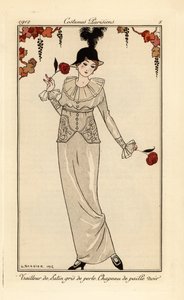 Femme en tailleur gris perle et chapeau de paille noir - Georges Barbier