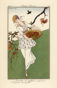 Femme en chapeau de paille et robe en taffetas imprimé