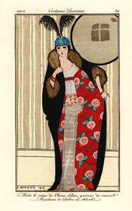 Femme en robe de crêpe de chine blanc, cape de loutre et de mouffette doublée de motif floral, toque avec plumes - Georges Barbier