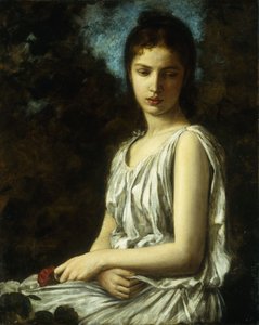 Jeune Femme en Robe Classique, Tenant une Rose Rouge