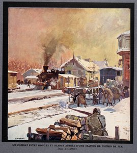 Une bataille entre la Garde Rouge et la Garde Blanche à une gare, tirée de Histoire des Soviets, pub. 1922 - Georges Carrey