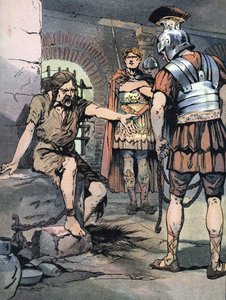 Guerre des Gaules : « Le guerrier gaulois Vercingétorix prisonnier dans les armes romaines de Jules César dans les prisons du Tullianum, 46 av. J.-C. » Illustration par