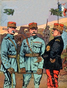 Maréchal Joseph Jacques Césaire Joffre (1852-1931), Maréchal Ferdinand Foch (1851-1929) et Maréchal Philippe Pétain (1856-1951), les grands libérateurs de la France pendant la Première Guerre mondiale - Illustration de Georges Conrad (1874-1936) tirée de 