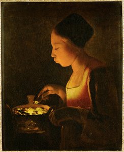 Fille soufflant sur un brasero (peinture sur toile) - Georges de la Tour