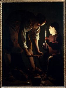 Saint Joseph charpentier Jésus enfant tient une bougie pour éclairer son père Joseph au travail. Peinture de Georges de La Tour (1593-1652) 1640 Paris. Musée du Louvre