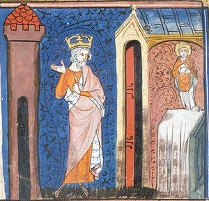 Charlemagne honorant St Denis, extrait de Chroniques de France ou de St Denis, 14e siècle (22702899392)