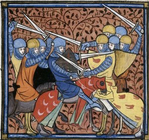 Ebroin battant les Austrasiens, tiré des Grandes chroniques de France, Royal 16 G VI f.114v, c. 1332-1350 (22528516520) - Georgia Levan Ramishvili from Tbilisi