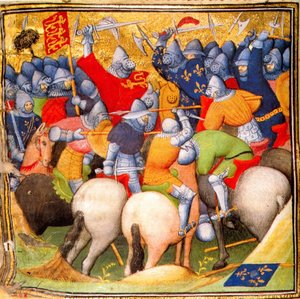 Anglais combattant les chevaliers français à la bataille de Crécy en 1346, Grandes Chroniques de France, 1415 (26228020225)