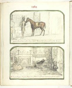 Sans titre [homme avec cheval, et couple se relaxant près du feu] - Georgina Cowper