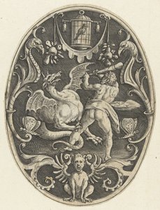 Décoration plane : Hercule tue le dragon Ladon (Ovale vlakdecoraties met de daden van Hercules in grotesken)