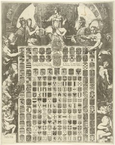 Armoiries du prince Guillaume III dans un cadre allégorique (De LXIIII Geslacht Wapenen van de Prins van Oraenjen etc. et de Wapenen der 7 Vereenigde Nederlanden met hare Steden etc.)
