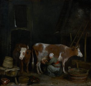 Une servante trayant une vache dans une grange - Gerard ter Borch