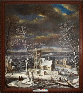 Un village en hiver avec des personnages sur la glace - Gerard van Edema
