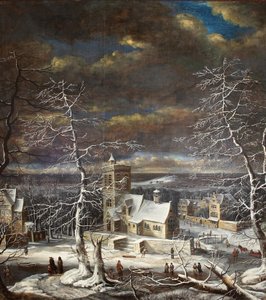 Un village en hiver dans un paysage étendu avec des personnages sur la glace - Gerard van Edema
