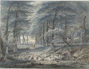 Vue de forêt avec un berger et des moutons et trois personnages - Gerard van Nijmegen