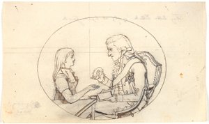 Prince héritier Frederik avec le prince héritier (Chr. VIII) montrant un portrait de la princesse héritière décédée Sofie Frederikke