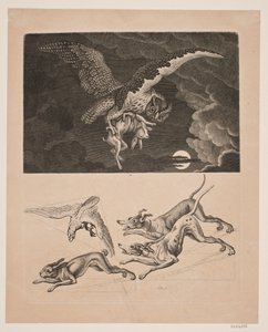 Tableau avec chouette volant avec un lièvre, en dessous; chiens, lièvre et faucon de chasse