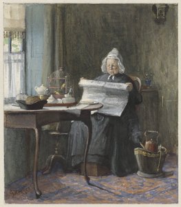 Intérieur avec une femme lisant le journal