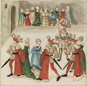 Trois hommes en capes rouges dansant avec leurs partenaires - German 16th Century