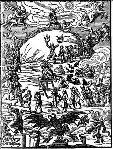 Cérémonie du sabbat, une chèvre représentant le diable est au centre, entourée de sorcières et de démons. Gravure allemande du 16ème siècle