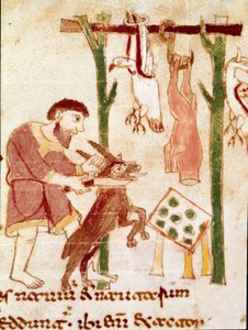 Un boucher tranche une chèvre (miniature, IXe siècle)