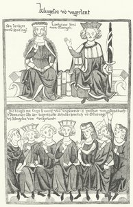 Une représentation du Sangerkrieg, un concours entre ménestrels au château de Wartburg en Thuringe en 1207, du Codex Manesse (gravure) - German School