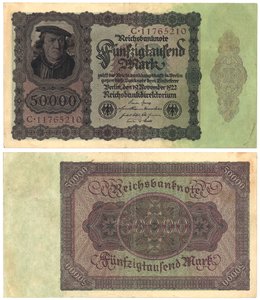 Un billet de cinquante mille marks, 1922 (recto et verso)