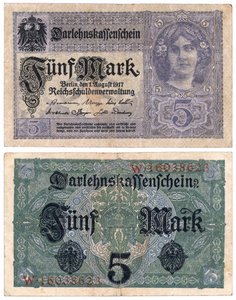 Un billet de cinq marks, 1917 (recto et verso)