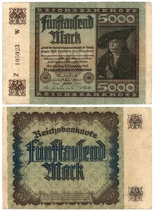Un billet de cinq mille marks, 1922 (recto et verso) - German School