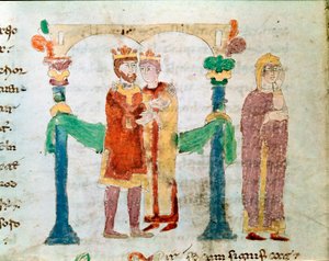 Un mariage miniature du manuscrit « De Universo » ou « De rerum naturis » (De la nature des choses) par Rabanus Maurus Magnentius. Archive de l