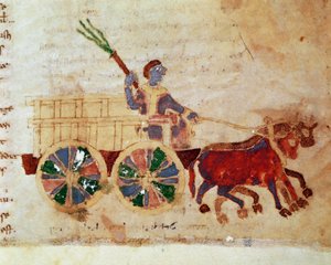 Un paysan sur une charrette miniature du manuscrit "De Universo" (ou De rerum naturis) par Raban Maur