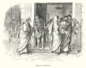 Une foule de clients devant une entreprise dans la Rome antique - German School