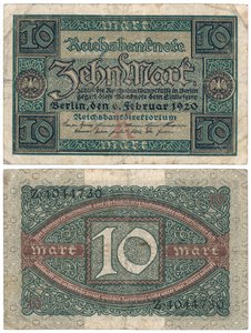 Un billet de dix marks, 1920 (recto et verso)