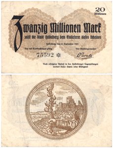 Un billet de vingt millions de marks, 1923 (recto et verso) - German School