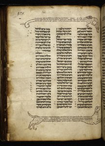 Add. 21160, f.188, Micrographie de deux chiens poursuivant un cerf, arbre avec des oiseaux et un dragon, aux Nombres (ch. 2-3) - German School