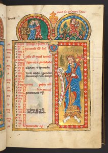Mai, des 12 pages du calendrier en or et en couleurs, avec des cadres architecturaux contenant chacun un signe du zodiaque, un apôtre et un travail du mois - German School