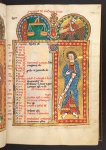 Septembre. 12 pages de calendrier en or et couleurs, avec des cadres architecturaux contenant chacun un signe du zodiaque, un apôtre et un travail du mois. Psautier illuminé avec un calendrier, des cantiques et des litanies pour l