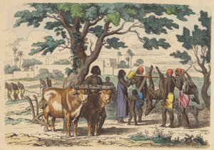 Agriculteur et chasseurs égyptiens anciens (gravure en couleur) - German School
