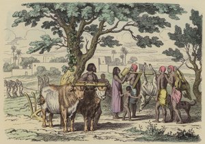 Agriculteur et chasseurs égyptiens anciens (gravure en couleur) - German School