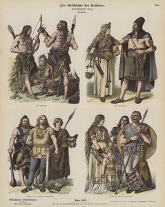Costumes germaniques anciens (gravure en couleur) - German School