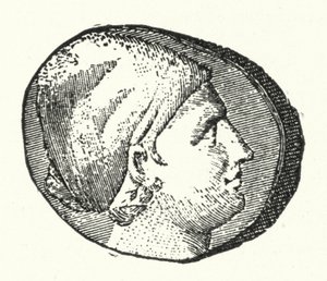 Ancienne pièce de monnaie montrant la tête de la poétesse grecque ancienne Sappho (gravure) - German School