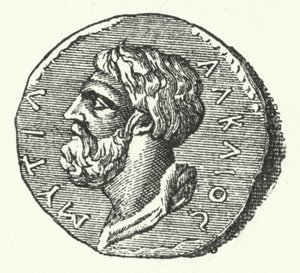 Ancienne pièce montrant la tête du poète grec Alcaeus de Mytilène - German School