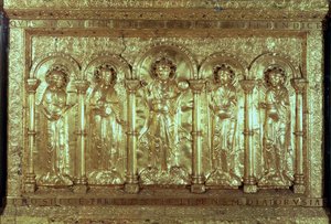 Antependium représentant le Christ avec les donateurs à ses pieds entre les archanges Gabriel, Raphaël et Michel et Saint Benoît