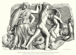 Bataille entre les dieux et les titans et géants, relief grec antique de Pergame - German School