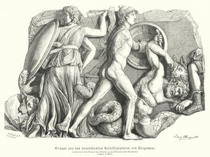 Bataille entre les dieux et les Titans et géants, relief grec antique de Pergame - German School