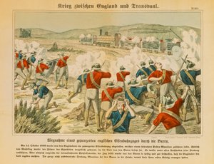 Les Boers saisissent un train blindé anglais pendant la deuxième guerre des Boers, près de Maseking, 14 octobre 1899, publié par C. Burckhardts Nachf, Weissenburg, 1899 - German School